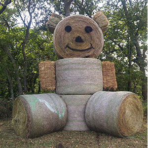 Giant hay bale bear at Peckham's Pumpkin Patch in Rantoul, KS